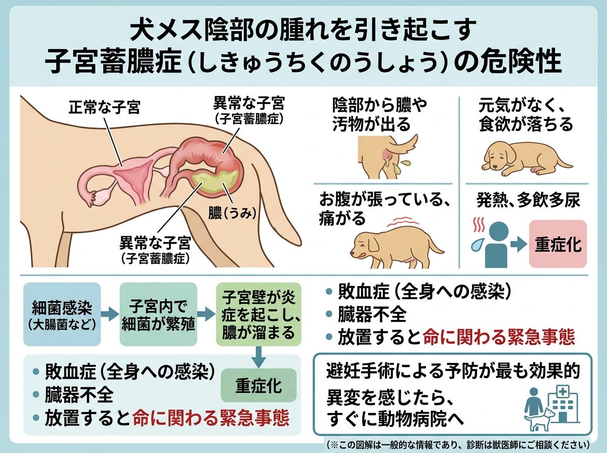 犬メス陰部の腫れを引き起こす子宮蓄膿症の危険性
