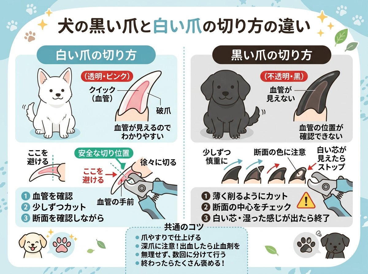 犬の黒い爪と白い爪の切り方の違い